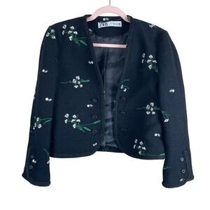 ZARA Black Embroidered Floral Blazer Jacket Button Embellished XS Career